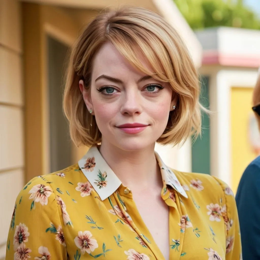 Prompt: emma stone dressed as a middle aged karen mom woman with a short blonde bouffant stacked a line bob hairstyle