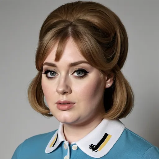 Prompt: adele, dressed as a 1960s mod woman, wearing a 1960s fred perry polo shirt, mullet shag hairstyle with bangs