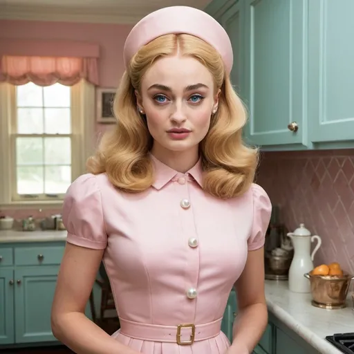 Prompt: sophie turner A stunning Stepford wife with an exaggerated bouffant hairstyle that reaches towering heights, seemingly defying gravity. Her perfectly coiffed hair is a gleaming shade of golden blonde, meticulously styled to form a dramatic silhouette that frames her face like a halo. The bouffant is so voluminous that it appears to have a life of its own, casting a soft shadow that accentuates her high cheekbones and piercing blue eyes. She stands poised in a pristine, pastel-colored kitchen, which is a picture of 1960s domestic perfection. The floor is a gleaming checkerboard of black and white tiles, while the appliances are a cheerful shade of mint green. She is dressed in a stylish pink dress with a cinched waist, showcasing her hourglass figure, and her pearls and kitten heels add an air of sophistication to her ensemble. Her smile is as radiant as her hair, yet it seems ever so slightly forced, hinting at the underlying tension of her role in this immaculate, yet eerily uniform, suburban utopia. In one hand, she holds a freshly baked pie, the aroma of which fills the room with a tantalizing sweetness, while the other hand rests gracefully on her hip. The background is a blur of matching pink curtains and a spotless dining table set for an impeccable dinner party. Despite her giant hair, the Stepford wife's posture is impeccable, and she exudes an unsettling calm as if she were a living embodiment of the era's ideal of feminine beauty and domesticity. The scene is bathed in a soft, warm light that seems to emanate from her very being, creating an atmosphere that is both inviting and eerily untouchable. Her bouffant is so large that it almost overpowers the room, symbolizing the unattainable standards of perfection that she, and all the other Stepford wives, are forced to uphold.