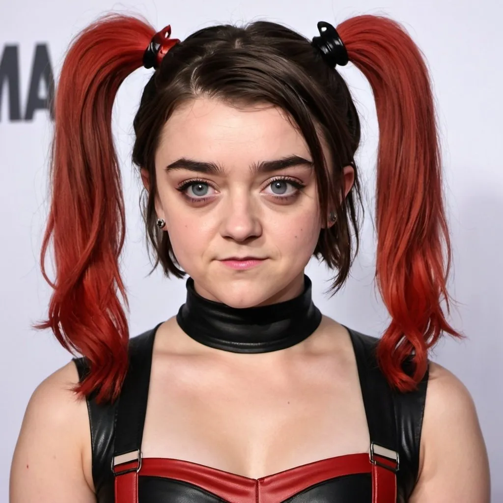 Prompt: Maisie Williams dressed as harley Quin with big bouffant pigtail hair