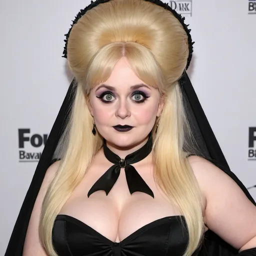 Prompt: Nicola Coughlan Dressed as Elvira Mistress of the dark, Big bouffant Beehive hair