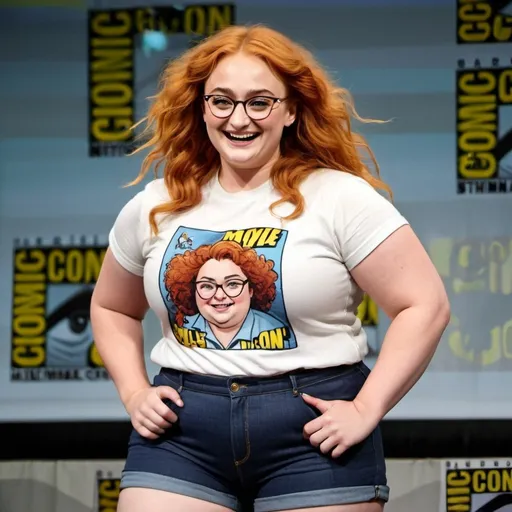 Prompt: Sophie Turner as a bbw chubby fat nerd woman with wild frizzy hair, buck teeth, glasses, acne, wearing shirt shorts and pumps, setting comic con