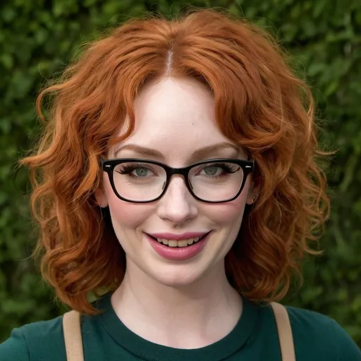 Prompt: Christina Hendricks as a nerd woman with wild frizzy hair, buck teeth, glasses, acne