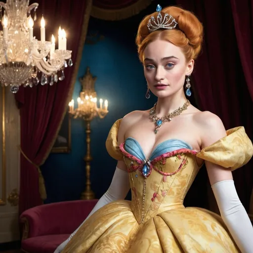 Prompt: A stunningly transformed Sophie Turner as Drizella, the ugly sister from Cinderella, captivating the audience with her vividly unconventional beauty. Adorned in a garish, oversized gown that clashes with the vibrant colors of the fairy tale world, she stands tall in a dramatic pose, embodying the character's over-the-top personality. The dress, a monstrosity of fabric, is a cacophony of patterns and textures, with a cinched waistline that emphasizes her puffed-out silhouette. Her hair is styled in an exaggerated updo with loose strands framing her face, accentuating her heavy makeup which includes thick, dark eyebrows and a sharply contoured nose. A pair of outrageously large, round earrings dangle from her ears, matching the ostentatious necklace that sits atop her collarbone. with a sneer on her face, ready to unfurl it and flaunt her social status. The background is a whimsical blend of the royal ballroom, with gilded chandeliers and velvet curtains, hinting at the looming presence of the iconic Cinderella ball. The lighting casts dramatic shadows that highlight her costume's extravagance, while a strategically placed mirror in the corner reflects a glimpse of the beautiful Cinderella slipper, hinting at the unfolding plot. The scene is a visual feast of contrasts, with Turner's modern beauty shining through the outlandish disguise, offering a fresh twist to the classic character.