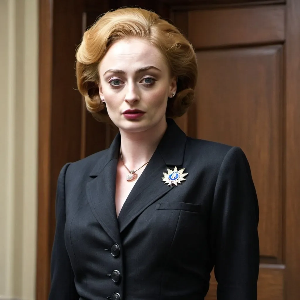 Prompt: Sophie Turner dressed as Margaret thatcher