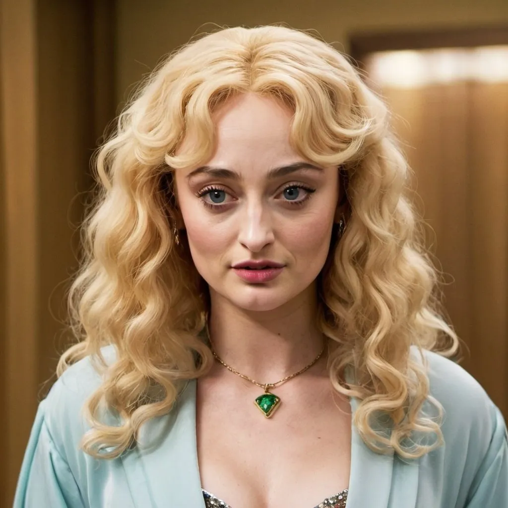 Prompt: Sophie Turner dressed as beverly goldberg with permed hair