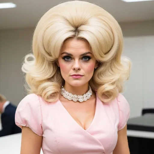 Prompt: chanel cresswell dressed as stepford wife with massive bouffant beehive long blonde hair