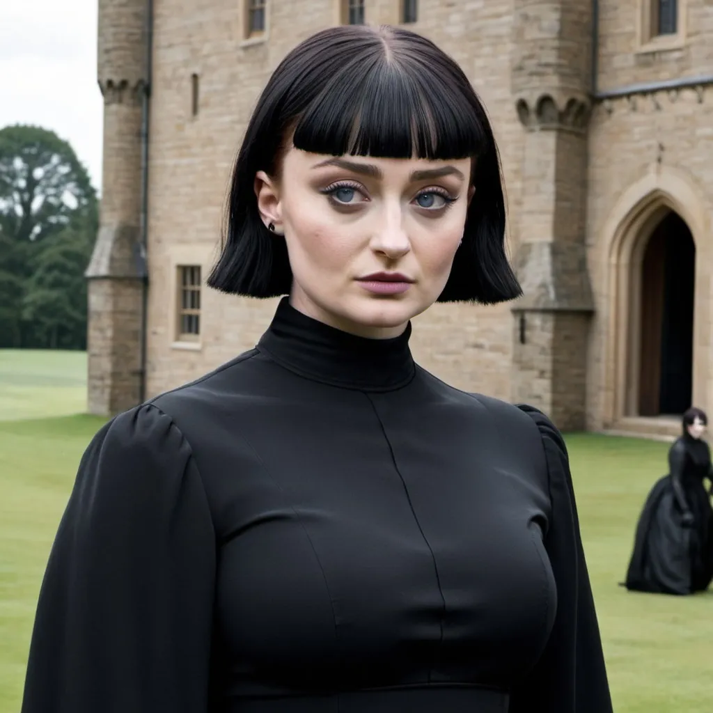 Prompt: setting, a castle, sophie turner as a overweight goth woman, with a black bowlcut hairstyle, wearing black dress