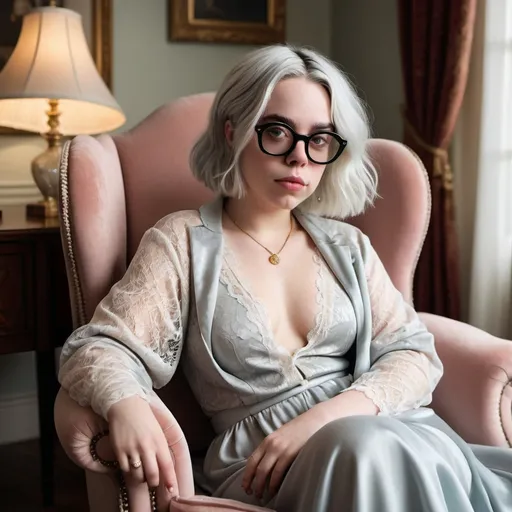 Prompt: Billie Eilish, reimagined as a stylish grandmother, lounging in a plush velvet armchair. Her youthful face is softened by the gentle embrace of a silver grey pincurl hairstyle, each meticulous curl framing her features like whispers of a bygone era. A pair of elegant, slightly oversized glasses with a vintage flair perch on the bridge of her nose, reflecting the warm light of a nearby table lamp that casts a cozy glow across the room. She is draped in a luxurious, lace-trimmed negligee that falls in soft folds around her, hinting at a comfort and sensuality that belies the typical grandmotherly attire. The fabric is a delicate shade of blush pink, contrasting with her now-iconic monochrome wardrobe. Her skin is flawless, with a hint of makeup that accentuates her timeless beauty. The room is adorned with plush carpets and antique furnishings, creating a serene backdrop that complements her newfound maturity. In her hand, she holds a book titled "Eilish Tales," a playful nod to her musical career, suggesting that she's penned down her life's journey for future generations. The overall scene exudes a blend of nostalgia and modernity, capturing Billie's essence in an unexpected yet utterly charming twist of time.