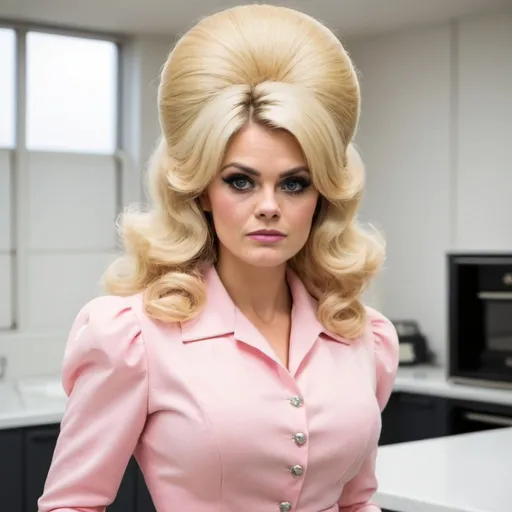 Prompt: chanel cresswell dressed as stepford wife with massive bouffant beehive long blonde hair