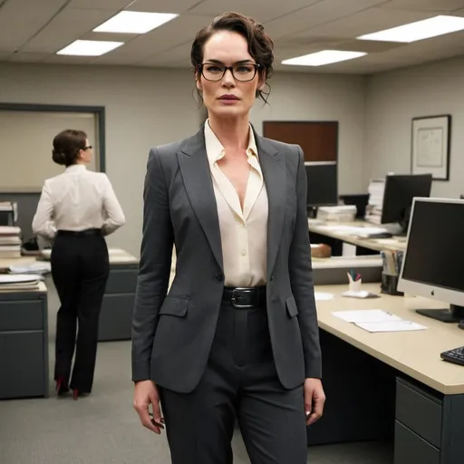 Prompt: Lena Headey a office old woman, tight bun hairstyle, business pantsuit, glasses, mature, high heels, standing in an office