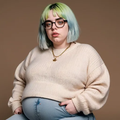 Prompt: Billie Eilish a overweight bbw chubby fat pregnant mom, wearing mom jeans and sweater, glasses, short bob bowlcut hair with bangs, makeup, photo style, detailed face, full body