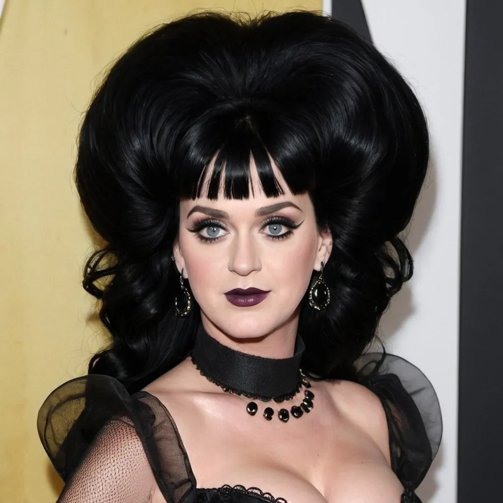 Prompt: Katy perry Dressed as Elvira Mistress of the dark, Big bouffant Beehive black hair