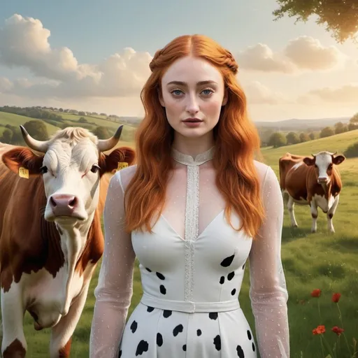 Prompt: An unexpected yet delightful fusion of reality and imagination, with the enchanting British actress Sophie Turner playfully morphed into a majestic cow. This whimsical transformation is not a simple photoshopped blend but rather a masterful digital painting that captures the essence of both subject and creature. Sophie's iconic fiery red hair flows seamlessly into the lush fur of the cow, which boasts a pristine white body adorned with intricate black spots, reminiscent of her "Game of Thrones" character, Sansa Stark. Her human eyes, filled with a playful curiosity, peek out from under the cow's serene and docile visage, suggesting an underlying intelligence and wit. The cow's head is slightly tilted, mimicking a quizzical expression that could be interpreted as a nod to the absurdity of the situation. The background is a pastoral dreamscape, complete with a picturesque meadow bathed in soft, golden light, a perfect setting for this surreal encounter. The image is suffused with a warm, magical glow that suggests a scene from a modern-day fairy tale, where the barriers between humans and animals are blurred, and the extraordinary becomes the norm. The vibrant colors and meticulous attention to detail in the painting bring this whimsical vision to life, leaving viewers with a sense of wonder and amusement at the playful juxtaposition of the elegant celebrity and the humble bovine.