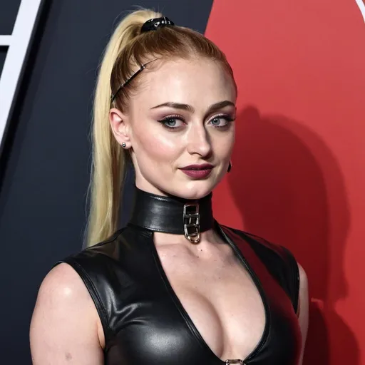 Prompt: sophie turner dressed as a dominatrix with a high ponytail hairstyle 