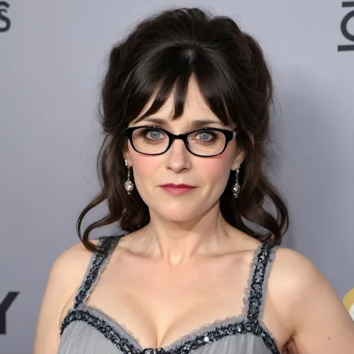 Prompt: zooey deschanel dressed as a sultry mature chubby woman, 60 years old, grey bouffant hair, eyelashes, eyeshadow, glasses wrinkles, nightdress