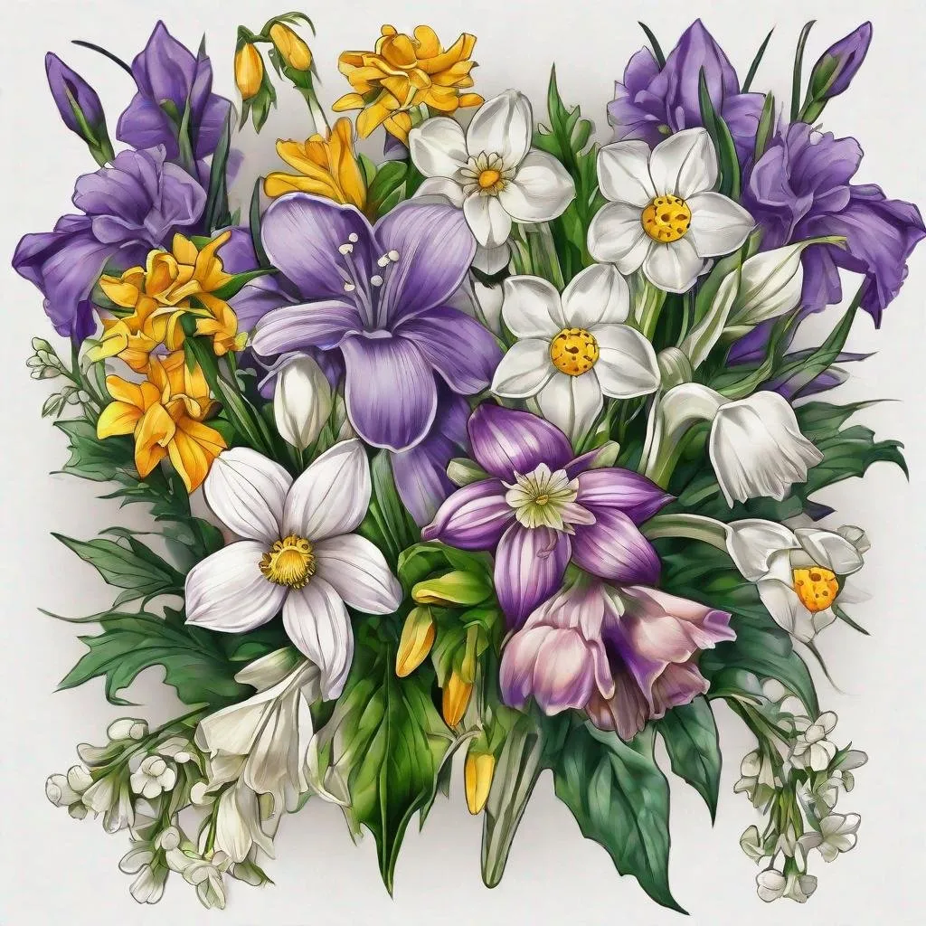 Prompt: Leg tatto of a bouquet of flowers with the following flowers Snowdrop, violet, daffodil, daisy, poppy, marigold, holly in color rectangular over all shape