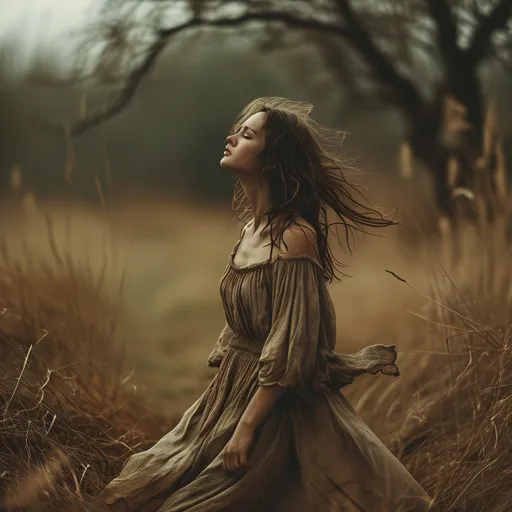 Prompt: (woman stumbling), (dynamic pose), expressive motion, moment of fall, earthy tones, dramatic shadows, soft muted background, (high quality), emotional atmosphere, (cinematic depth), capturing the struggle and vulnerability, varying light intensity to enhance contrast, subtle hints of nature blending in, engaging viewers with a sense of empathy.