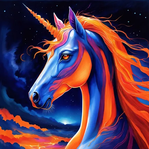 Prompt: A breathtaking portrait of a celestial unicorn turned 90 degrees right, with tousled raven hair that radiates a mist-like glow, emerging from the swirling chaos of cosmic colors. She is illuminated by the vibrant hues of fiery oranges, deep blues, and radiant pinks, each color telling a story of its own. Her minimalistic, orange glowing garb complements her rich skin tone and blends with the orange bolts of lighting that surrounds her, and her serene defiance suggests a dance on the edge of reality. She stands as a beacon of quiet strength in the storm of creativity, embodying the eternal rhythm of the universe's song, with her gaze drawing the viewer into her extraordinary world.
