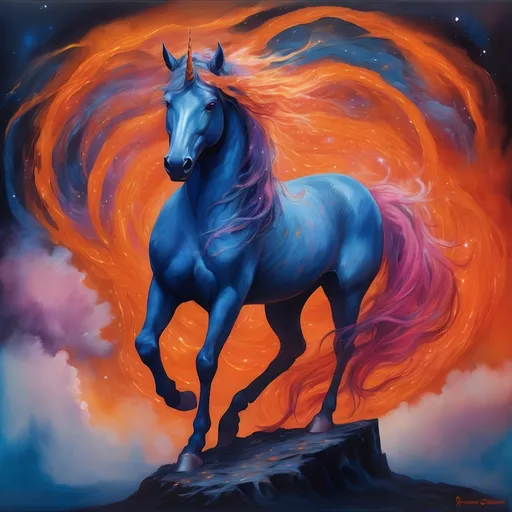 Prompt: A breathtaking portrait of a celestial unicorn turned 90 degrees right, with tousled raven hair that radiates a mist-like glow, emerging from the swirling chaos of cosmic colors. She is illuminated by the vibrant hues of fiery oranges, deep blues, and radiant pinks, each color telling a story of its own. Her minimalistic, orange glowing garb complements her rich fur tone and blends with the orange bolts of lighting that surrounds her, and her serene defiance suggests a dance on the edge of reality. She stands as a beacon of quiet strength in the storm of creativity, embodying the eternal rhythm of the universe's song, with her gaze drawing the viewer into her extraordinary world.
