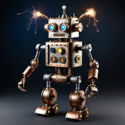 Prompt: toy robot
steam punk
circuits
sparks
fast
full body shot