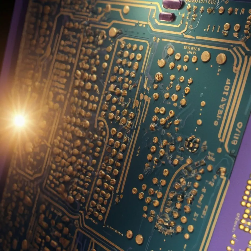 Prompt: circuit board, detailed, blue and purple, layers, via, test points, capacitors, resistors, traces, small features, high detail, lines, grid, curvature
