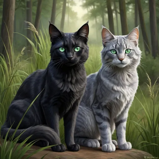 Prompt: hollyleaf cat thunderclan ashfur two cats black cat green eyes blue eyes gray cat dark gray tabby blue eyes realistic realism portrait erin hunter forest tall grass twilight 