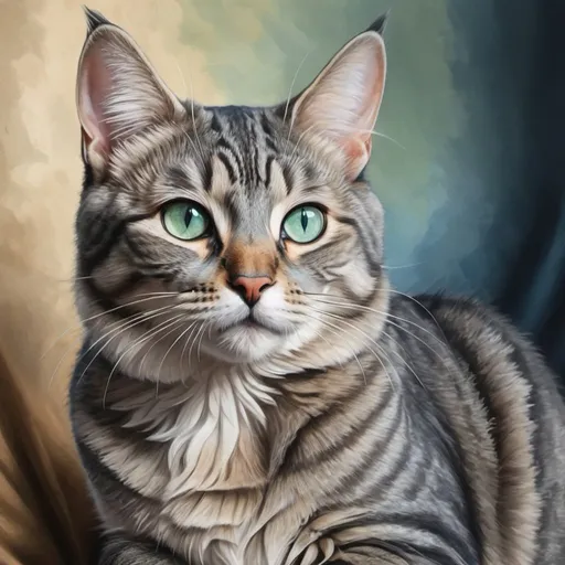 Prompt: feathertail gray tabby cat mountains gray cat blue eyes green eyes cute pretty cat domestic cat blue color tones portrait realism realistic