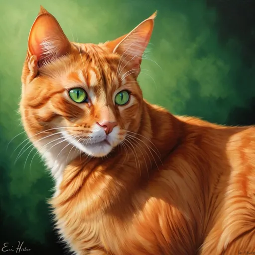Prompt: firestar cat orange ginger cat profile dramatic domestic cat green eyes blur background realistic realism painting erin hunter cat
