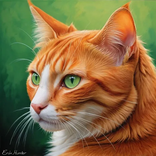 Prompt: firestar cat orange ginger cat profile dramatic domestic cat green eyes blur background realistic realism painting erin hunter cat