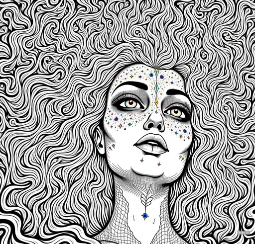Prompt: The art style of these images is a combination of psychedelic surrealism and optical illusion, with strong influences from contemporary and abstract line art. The dimensions are enhanced by:

1. Flowing Line Work: The intricate contours on the figures and the background create a sense of motion, depth, and energy. These lines mimic topographic maps and fluid dynamics, giving a surreal, almost hypnotic dimension to the figures.


2. Contrasting Patterns: The use of bold black and white stripes contrasts with vibrant neon colors, amplifying the perception of layers and depth. The striped patterns create optical illusions, appearing to expand and flow into infinity.


3. Neon Auras and Cosmic Elements: Bright halos and starry, swirling backgrounds add a celestial and multi-dimensional feel, making the figures look as though they're floating in a dynamic, otherworldly space.


4. Dynamic Poses and Body Detail: The figures are depicted with anatomical precision but are stylized to appear otherworldly. The poses radiate power and grace, complementing the surreal environment.


5. Color Gaps and Highlights: Subtle neon highlights within the black and white framework guide the viewer's focus and create intentional areas for color emphasis.



This style merges depth illusion and vibrant surrealism, creating an immersive, almost interactive experience.

