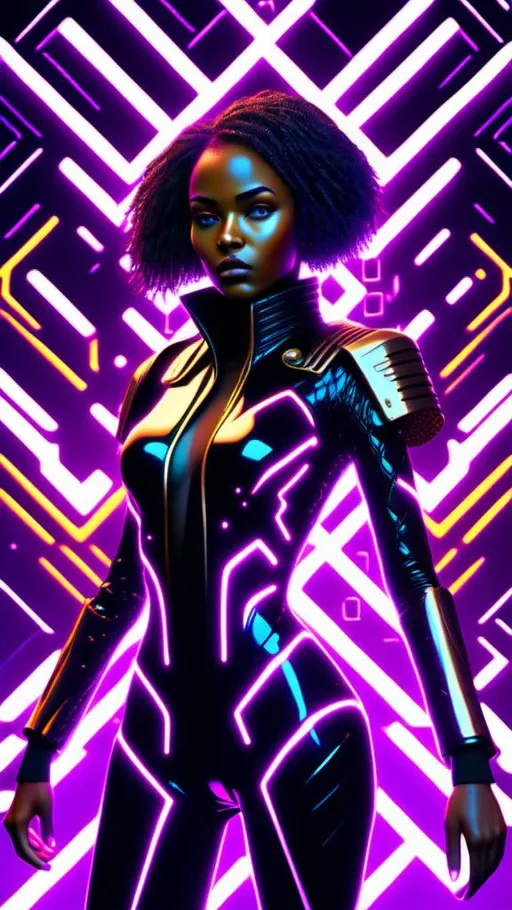 Prompt: <mymodel> Synthetic Landscapes A futuristic cyberpunk character in a vibrant neon-lit city. The character is a stylish black woman with a sleek short bob hairstyle. She is dressed in a high-tech outfit with a gold trench coat and purple and black checkered bodysuit, featuring advanced mechanical elements like knee and shoulder pads. The character has a glowing visor and various high-tech accessories, including a headset and utility belt. The background is a busy, neon-lit city street with holographic advertisements and futuristic architecture.