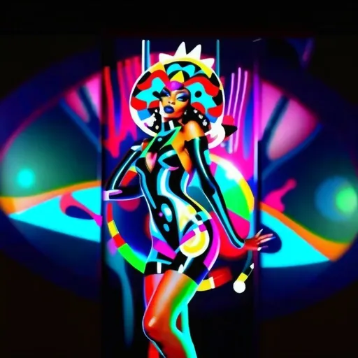 Prompt: Sure, here is a detailed prompt you can use to create the image:

"A young woman standing in a surreal anti-matter neon black opalescent light universe. She has curly hair, a confident pose, and is wearing a high-fashion, intricate black dress with a sheer panel in the front, adorned with sparkling details. She is wearing a neon candy wonderland witch hat with a dark luminous glow. On top of the hat sits a neon nymph that doubles as a cat with glowing gold cat eyes. The background features an otherworldly ambiance with glowing neon lights in various colors, futuristic elements, and an ethereal, almost dreamlike atmosphere." Give her a coke bottle shape body of Egyptian goddess with jewelry and neon red tattoos to match her luminous oura use image for hood but give her 80s hip hop mixed with goth occult clothing