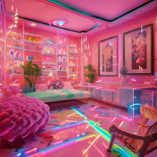 Prompt: <mymodel> A neon decorated room with glowing pink, blue, and green lights. Bright neon signs on the walls, a neon-lit table, and a glowing fish tank. The ceiling has twinkling neon stars, and the floor is covered in a soft, glowing rug. The room feels like a magical, colorful dream. In the center, the Candy Queen presents, embodying a vibrant and whimsical character, dressed in colorful candy-themed attire with a crown made of lollipops, inspired by the song 'War' by Ari Lennox. The scene is lively and enchanting, with a touch of surrealism.