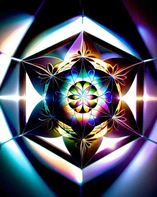 Prompt: Create flower of life in Iridescent icosahedron floating in mid-air, radiant glowing energy enveloping the scene, spiritual and ethereal vibe, high quality, digital art, vibrant colors, mystical lighting, sacred geometry, energy flow, spiritual mode, detailed reflections, surreal atmosphere