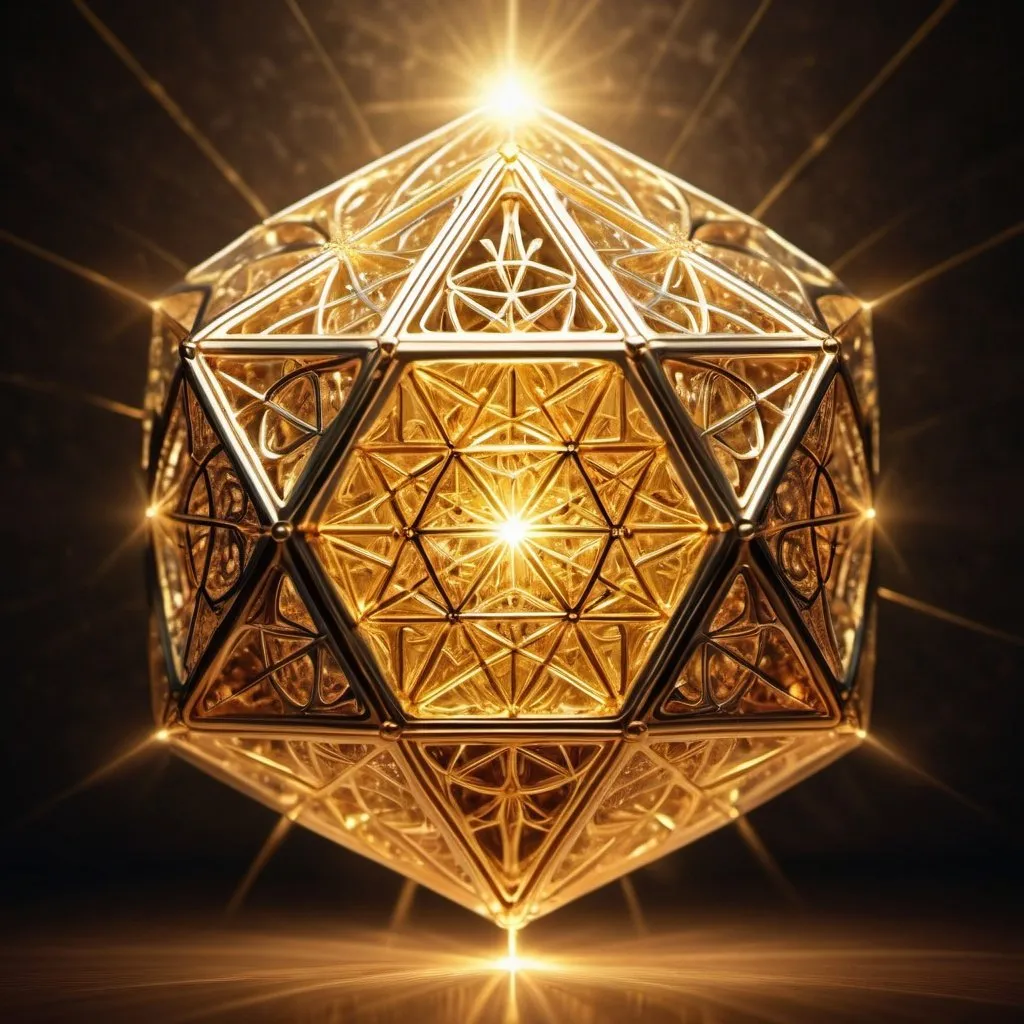 Prompt: Gold spiritual icosahedron emitting radiant light, sacred geometry, reflective surface, glowing with divine light, intricate details, ethereal and mystical, high quality, spiritual style, serene ambiance, sacred geometry, radiant glow, intricate design, divine light, highres, detailed, serene atmosphere, mystical