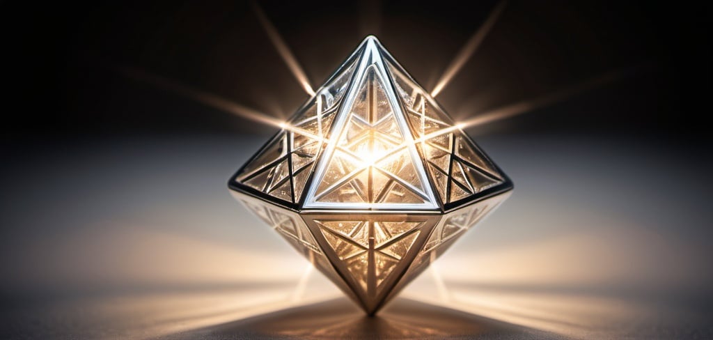 Prompt: Silver octahedron  emitting radiant light, ethereal and mystical, sacred geometry, high quality, spiritual style, reflective surface, glowing with divine light, intricate details, serene ambiance