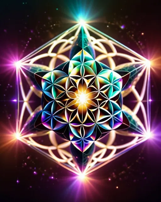 Prompt: Create flower of life in Iridescent icosahedron floating in mid-air, radiant glowing energy enveloping the scene, spiritual and ethereal vibe, high quality, digital art, vibrant colors, mystical lighting, sacred geometry, energy flow, spiritual mode, detailed reflections, surreal atmosphere