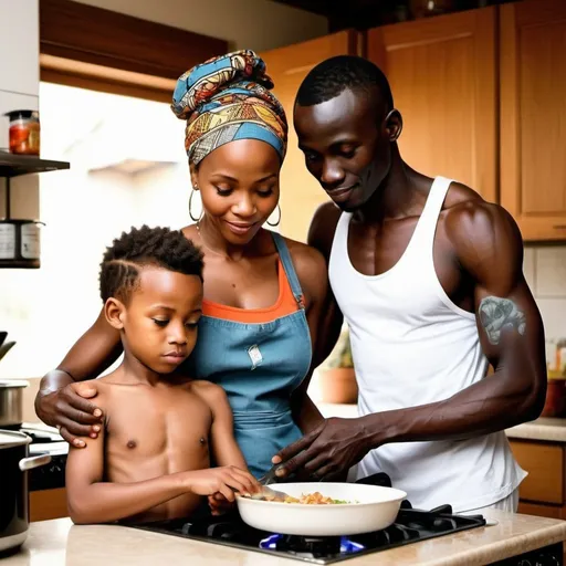 Prompt: a picture of an AFRICAN mother with his 25 year old son. The mother is wearing african design outfit preparing meals in kitchen. The son is next to him right outside the door repairing the window. The son is african ,5 ft 4 inches ,well uilt, chiseled physique. The son has a fitness model look and is slightly darkskined to chololate skin tone. The son has a tatto on the right hand. The mother is on the gascooker. Provide a high quality image that will be for happy mothers day celebration and should be high quality,hollywood award winnng level of quality