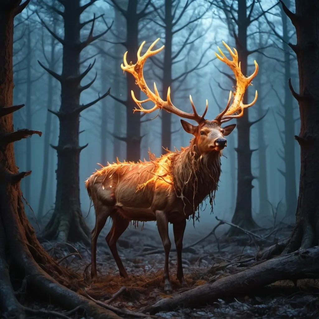 Prompt: A glowing, magical stag in a rotting and dead forest