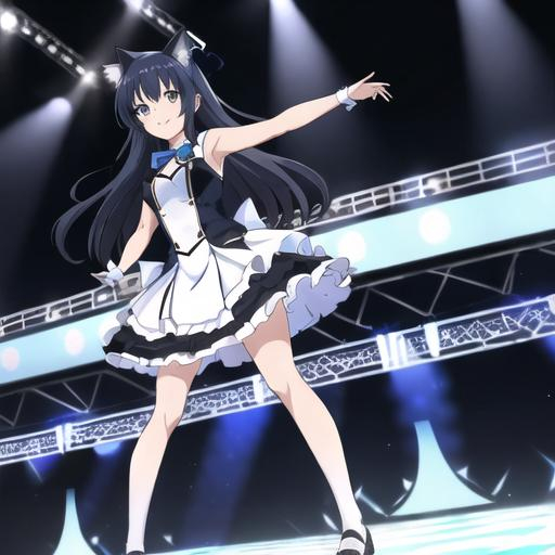 Prompt: long hair dark blue  and cat ears cloth:white, blue with ribbon  cloth type: short dress shoes: black and background is idol stage and she is idol type:anime happy face