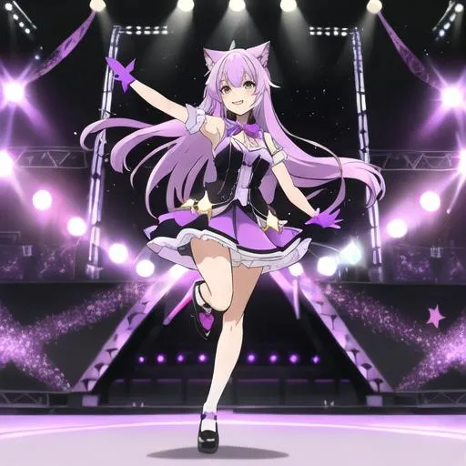 Prompt: long hair light purple  and cat ears cloth:white,purple,light purple with ribbon and star. cloth type: short dress shoes: black and background is idol stage and she is idol type:anime happy face
