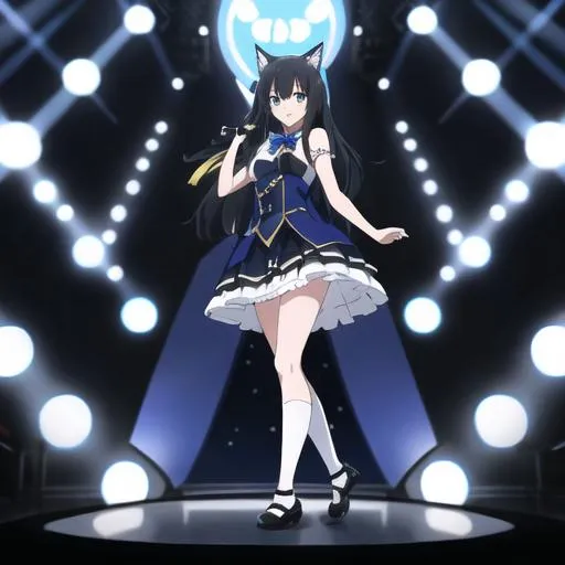 Prompt: long hair dark blue  and cat ears cloth:white, blue with ribbon  cloth type: short dress shoes: black and background is idol stage and she is idol type:anime happy face