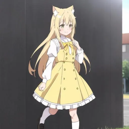 Prompt: long hair with warm town gradation  and cat ears cloth:white, yellow with ribbon  cloth type: short dress shoes: black and background is school yard and she is idol type:anime happy face