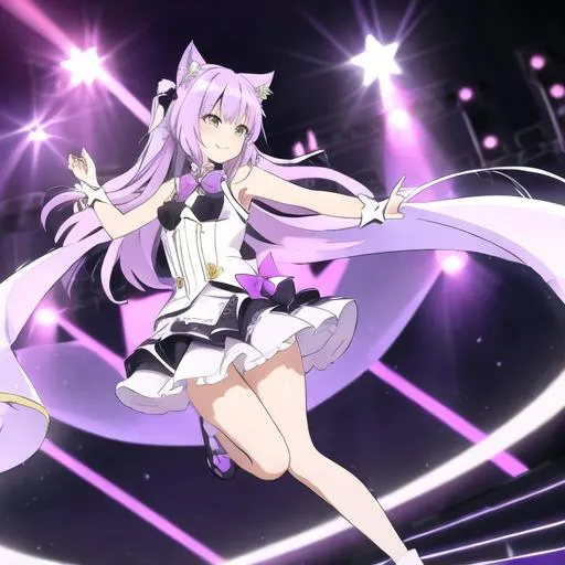 Prompt: long hair light purple  and cat ears cloth:white,light purple with ribbon and star. cloth type: short dress shoes: black and background is idol stage and she is idol type:anime happy face