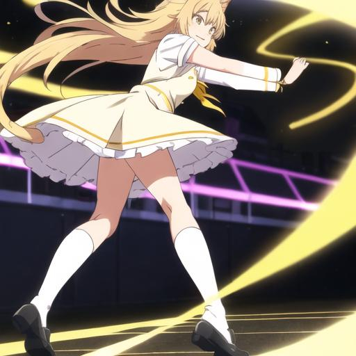 Prompt: long hair with warm town gradation  and cat ears cloth:white, yellow with ribbon  cloth type: short dress shoes: black and background is school yard and she is idol type:anime happy face   and lots of friend