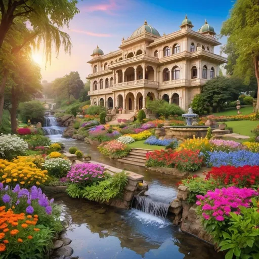 Prompt: beautiful palace in beautiful garden of colourful flowers, with creeks flowing,small water fall, beautiful morning sky