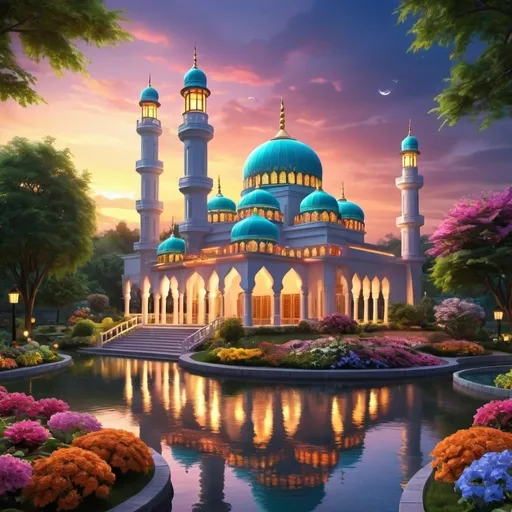 Prompt: beautiful colorful light up big mosque with beautiful garden of colorful flowers,creeks,waterfall,greenery, beautiful evening sky,gazebo,garden lantern,light up color light garden,realistic rendering,light up garden