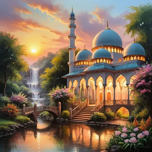 Prompt: beautiful light up multi storey mosque, with gazebos,floral gates, beautiful light up garden,creeks,waterfall,beautiful dawn sky,oil painting