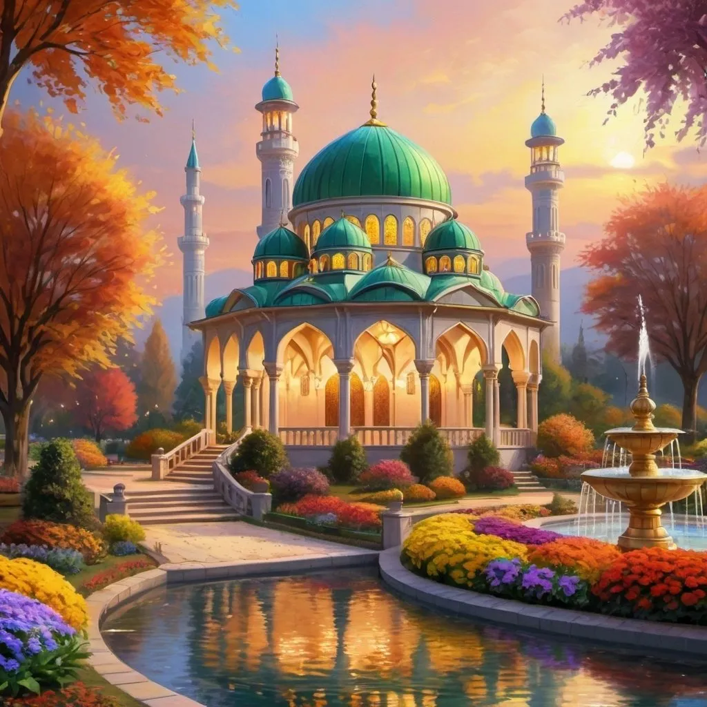 Prompt: autumn surrounding,beautiful colorful light up two big mosques with many golden domes,lofty minarets,beautiful garden of colorful flowers,beautiful colorful light in garden,rivers,big waterfall,fountain,greenery, beautiful evening sky,gazebo,garden lantern,light up color light garden,realistic rendering,light up garden,monet style